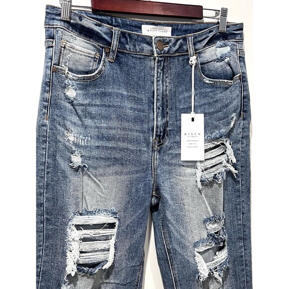 Risen Jeans Womens 15/32 Blue High Rise Straight Crop Distressed Stretch Denim - Picture 4 of 13